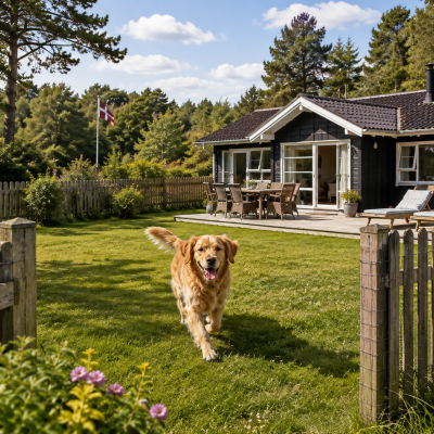 Fröhlicher Golden Retriever vor Waldhütte