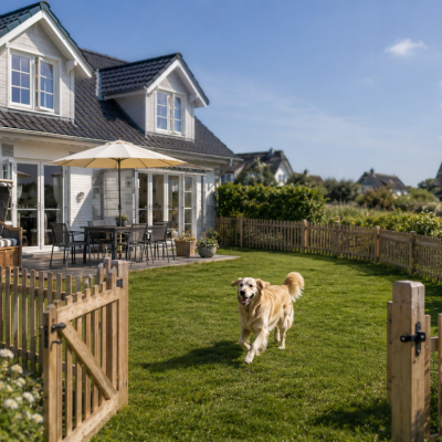 Hund in eingezäuntem Grundstück an der Nordsee