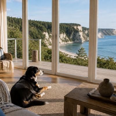 Küstenwohnzimmer mit Hund und Meerblick