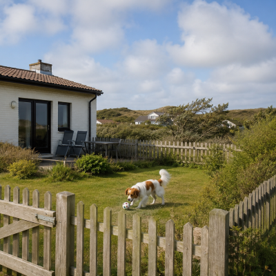 Spielender Nederlandse Kooikerhondje im Garten