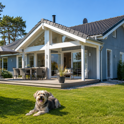 Haus und Hund im Sonnenschein
