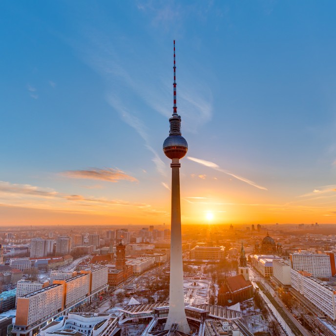 Beautiful sunset with the Television Tower at Alexanderplatz in Berlin