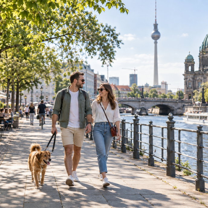 Berlin-Spaziergang mit Hund an der Spree