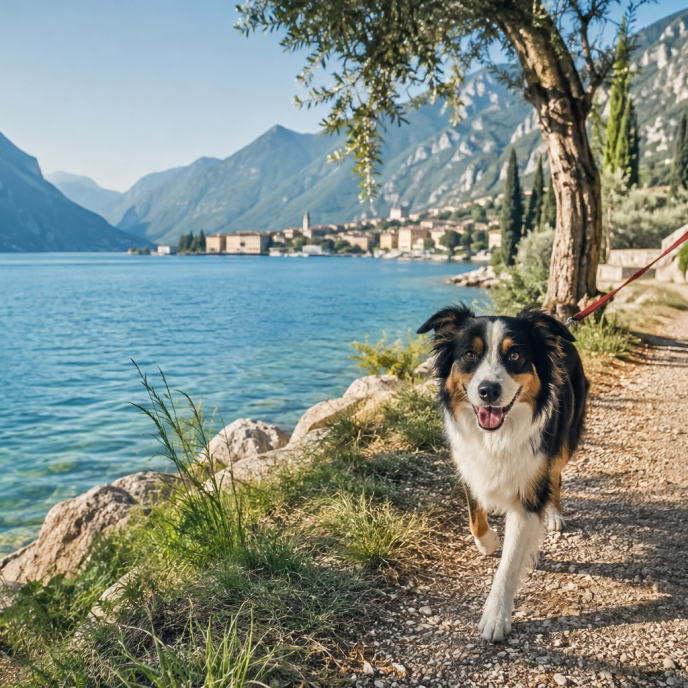 Fröhlicher Hund geht am Gardasee spazieren