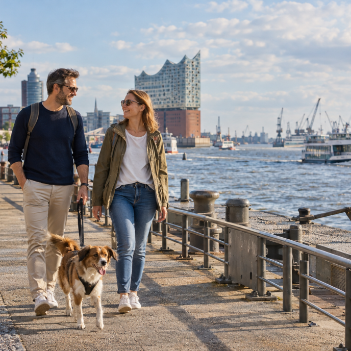 Spaziergang mit Hund an Hamburgs Elbe