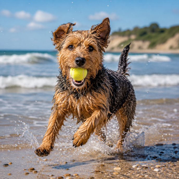 Spielender Hund an der Ostseeküste